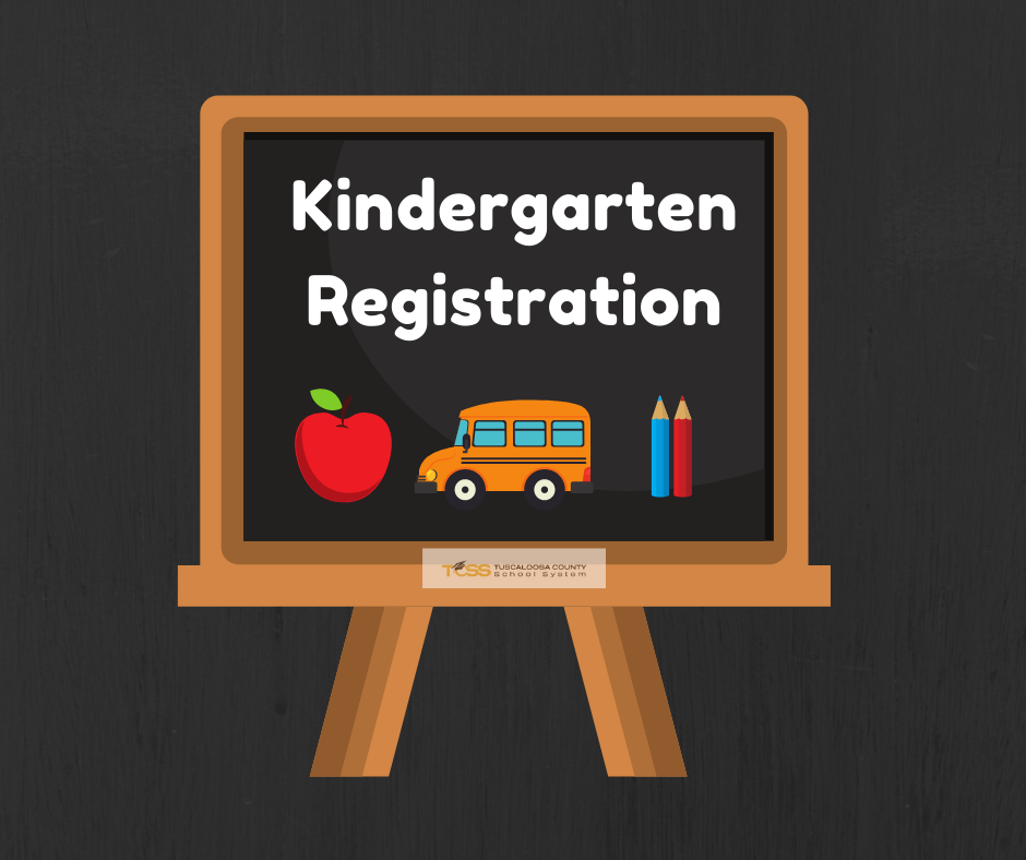 Chalk board with apple, bus, pencils. Text: Kindergarten Registration Chalk board with apple, bus, pencils. Text: Kindergarten Registration